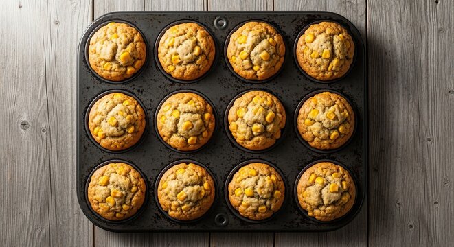 Freshly baked homemade cornbread muffins with sweetcorn kernels in a dark metal baking tray, viewed from above on a rustic gray wooden table background