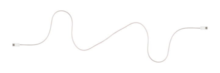 A white fabric-braided USB Type-C cable isolated on a transparent PNG. Ideal for concepts related to business technology, data transfer, connectivity and fast charging for modern devices.