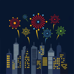City Skyline Fireworks Display Flat Vector Icon of a Festive Celebration
