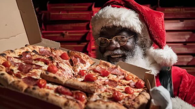 jovial Caucasian adult Santa Claus holds pepperoni pizza box before stacked red boxes, radiating holiday cheer and festive atmosphere., joyful delivery, cozy winter, food celebration.
