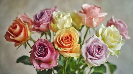 Fototapeta premium A beautiful bouquet of multicolored roses in full bloom.