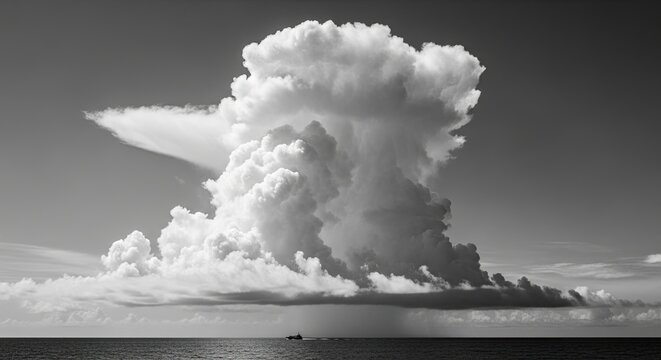 A majestic black and white photograph captures the immense scale of a towering thunderhead cloud over a calm sea, with a small vessel navigating the water below