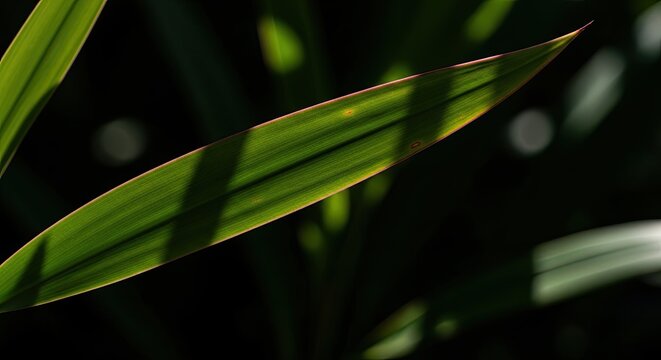 A dramatic close-up of a single green leaf backlit by sunlight, revealing its intricate linear veins and translucent texture against a dark, moody, and blurred natural background