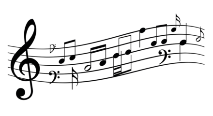 A musical staff with a treble clef on the left curves across the image, featuring several black notes and a bass clef towards the right, all on a transparent  background.
