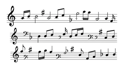A musical score featuring three staves with various notes, clefs, sharps, and flats.transparent background .
