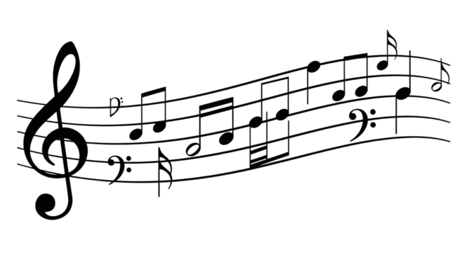 A musical staff with a treble clef on the left curves across the image, featuring several black notes and a bass clef towards the right, all on a transparent  background.
 - Powered by Adobe