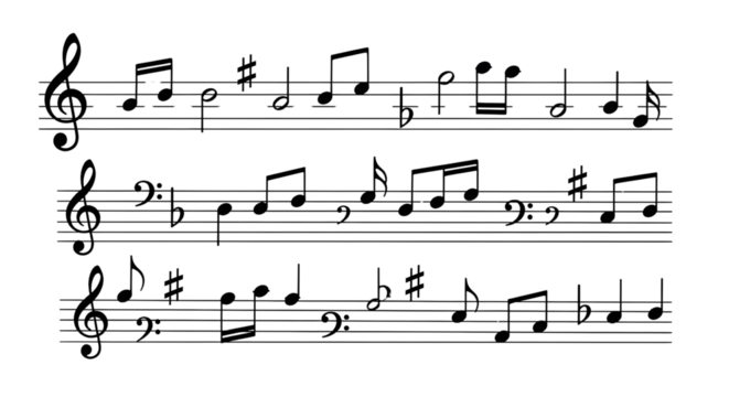 A musical score featuring three staves with various notes, clefs, sharps, and flats.transparent background .
 - Powered by Adobe