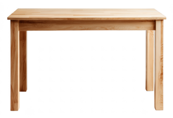 A simple wooden desk is shown from the front, isolated on transparent background. Ideal for home offices or minimalist interior designs