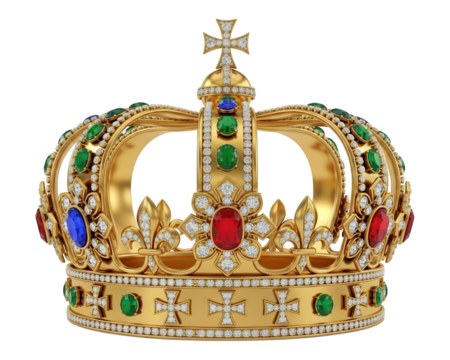 Ornate golden imperial headwear richly embellished with numerous precious gemstones against a dark background.