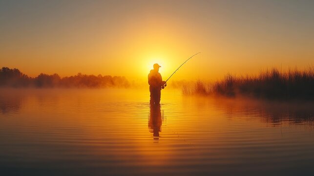 A solitary fisherman stands in calm waters, casting a line as the sun rises, creating a serene and inspiring moment