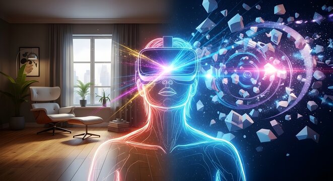 A vibrant neon VR figure splitting between a real room and a futuristic digital world with light trails and energy bursts