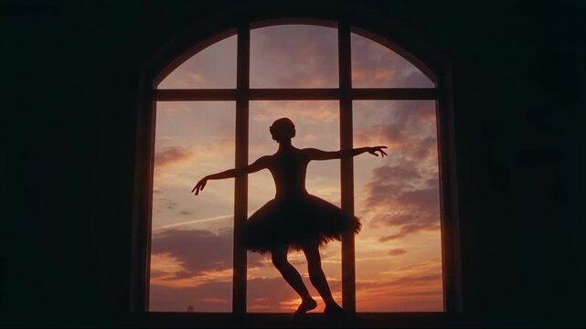 Silhouette of a ballerina dancing in front of a large window at sunset. Graceful female dancer performing ballet moves in a tutu against an orange sky. Artistic dance performance concept