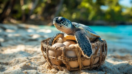 A sea turtle nests her eggs in a woven basket on the sandy beach, with gentle waves nearby
