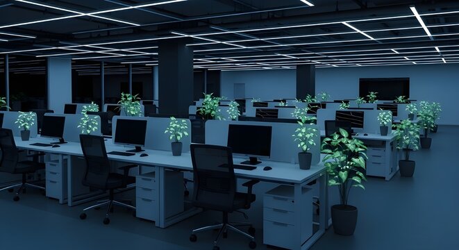 An empty modern office space at night with desks, computers, chairs, and potted plants under blue lighting.