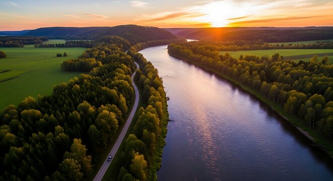 Serene aerial view of a winding river through lush green forests at sunset