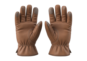 Pair of brown leather protective coverings displayed against a solid dark background