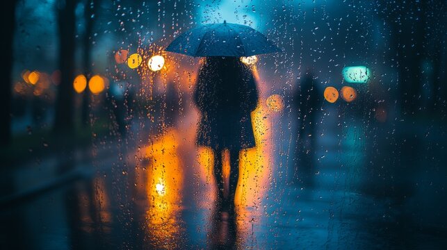A woman strolls gracefully under her umbrella, framed by raindrops and glowing city lights, capturing serenity