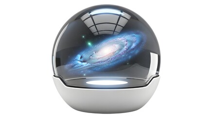 Modern spherical device with transparent dome showing a detailed galaxy, combining technology and space aesthetics