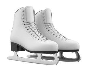 Pair of pristine white figure skates displayed against a dark background