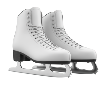 Pair of pristine white figure skates displayed against a dark background