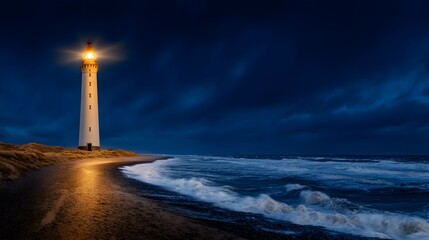 Serene Night View of Lighthouse in Ocean