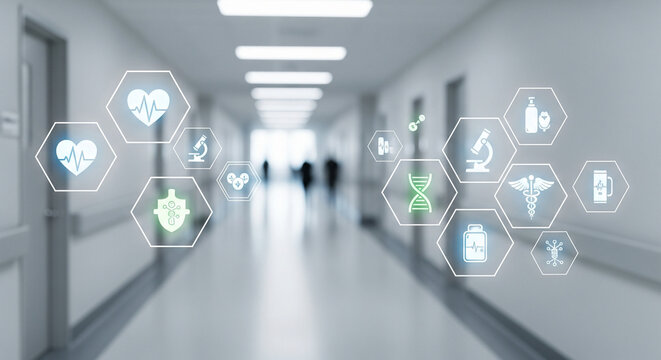 Modern hospital hallway with medical icons overlay for innovative healthcare solutions and technology concepts, symbolizing health, science, and medicine progress