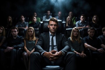 man in suit sits in theater with group of people. man wearing tie and he is main focus of scene. audience watching man intently