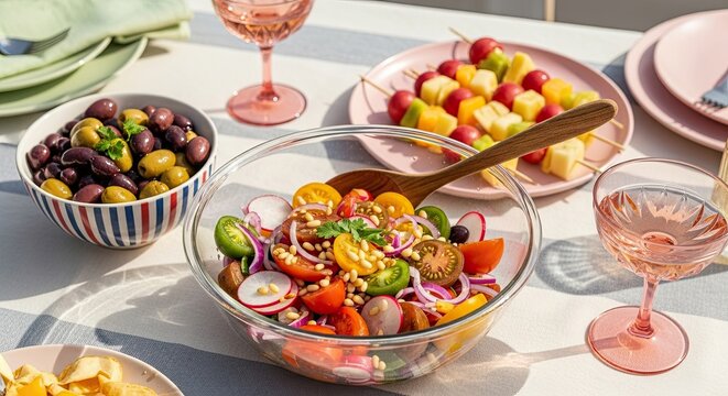 A vibrant outdoor meal with a large bowl of fresh tomato and radish salad, mixed olives, fruit kebabs, and glasses of rosé wine on a sun-drenched tablecloth