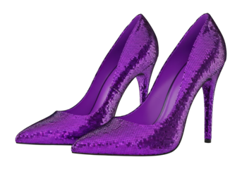 Pair of sparkling purple high heel shoes displayed against a dark background