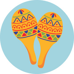 Pair of bright yellow maracas with colorful geometric patterns and a sky blue circular background in a flat design illustration