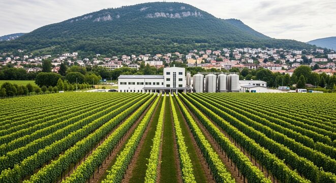 A contemporary winery with industrial fermentation tanks sits at the edge of a large, orderly vineyard, with a scenic mountain and village landscape under a cloudy sky