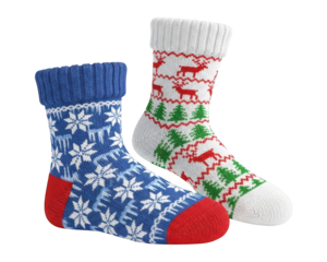 Two pairs of thick knit winter socks display festive holiday patterns