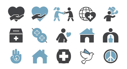 Modern flat vector icon collection for charity, healthcare, and social support. Essential symbols depicting community care, peace, and humanitarian aid efforts