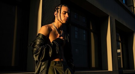 A handsome, confident young man with a braided hairstyle and an open jacket poses shirtless in the warm, dramatic light of sunset against a dark architectural background