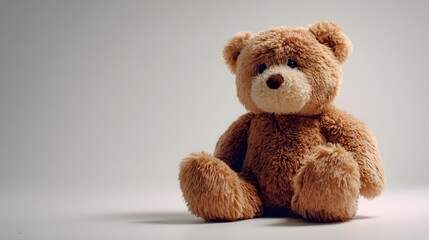 Obraz premium A classic brown fluffy teddy bear toy sitting on a simple white background.