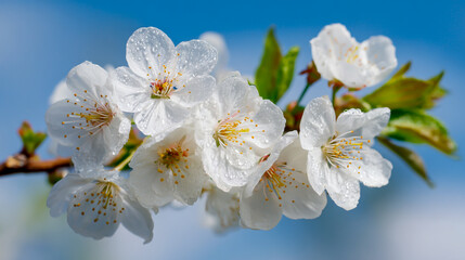 Obraz premium A branch of white cherry blossoms with green leaves