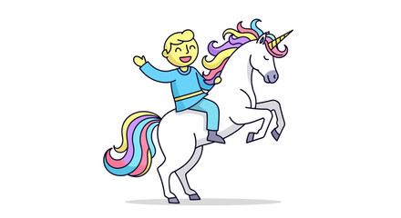 Fototapeta premium Cartoon Boy Rides a White Unicorn with Rainbow Mane and Tail on White Backdrop