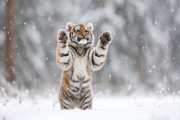 Adorable tiger cub standing on hind legs, paws raised, in a falling snow covered forest