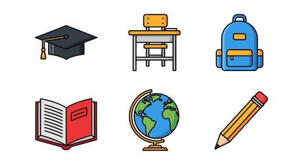 Colorful icon set representing academic and educational concepts, perfect for design projects or