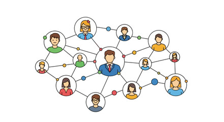 Conceptual illustration depicting a business leader connecting diverse team members and promoting