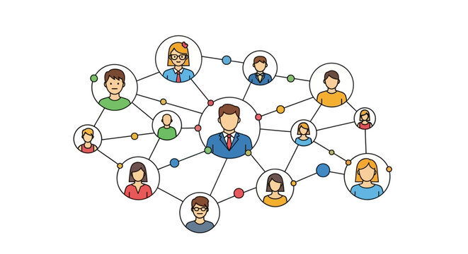 Conceptual illustration depicting a business leader connecting diverse team members and promoting