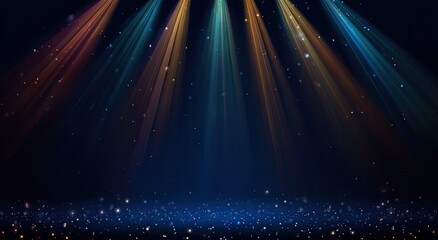 Dynamic stage lighting with colorful beams and falling glitter on a dark background