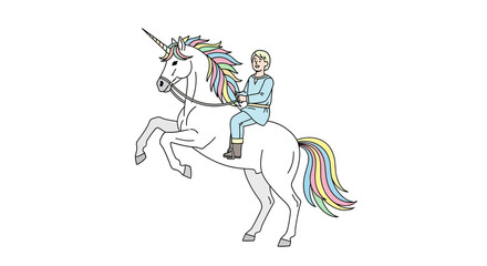 Obraz premium Whimsical illustration of a boy riding a rearing unicorn with a rainbow mane and tail