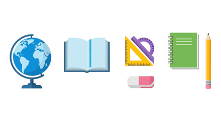 Colorful flat lay illustration featuring essential school supplies for back to school season