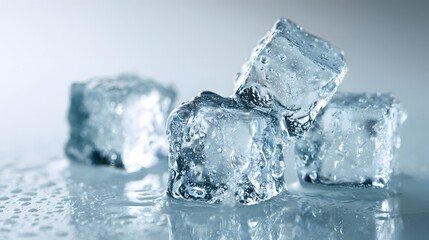 A close-up shot of clear melting ice cubes on a wet reflective surface.