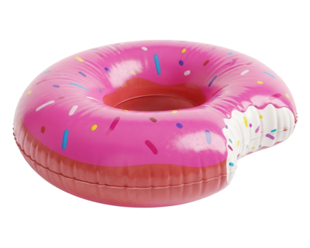 Inflatable swimming ring designed like a pink frosted pastry with colorful sprinkles against a dark backdrop
