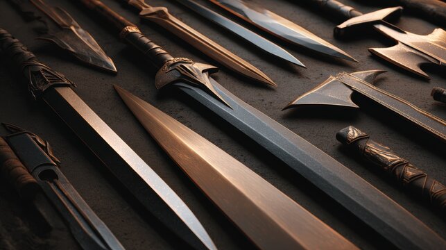 Detailed 3D clay render sheet featuring various swords and axes with beveled edges and metallic shine, perfect for medieval fantasy games, weapon design packs, and RPG interface asset collections