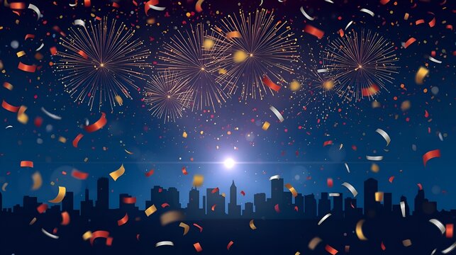 Vibrant city skyline at night illuminated by colorful fireworks and falling confetti, celebrating a festive event.