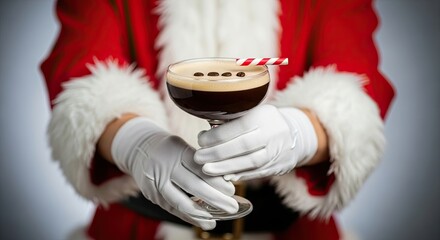 A person in a classic red and white holiday costume with white gloves holds up an elegant espresso martini cocktail garnished with coffee beans for a festive winter celebration