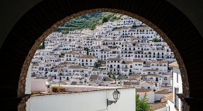 Picturesque view of a traditional whitewashed village with terracotta roofs nestled on a green hillside, seen through the silhouette of a dark stone archway on a sunny day - Powered by Adobe
